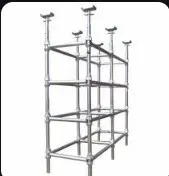 Providing and fixing double scaffolding system (cup lock type) on the exterior side, up to seven story height made with 40 mm dia M.S. tube 1.5 m centre to centre, horizontal & vertical tubes joining with cup & lock system with M.S. tubes, M.S. tube challies, M.S. clamps and M.S. staircase system in the scaffolding for working platform etc. and maintaining it in a  serviceable condition for the required duration as approved and removing it there after .The scaffolding system shall be stiffened with bracings, runners,
connection with the building etc wherever required for inspection of work at required locations with essential safety features for the workmen etc. complete The elevational area of the scaffolding shall be measured for payment purpose .The payment will be made once irrespective of duration of scaffolding 